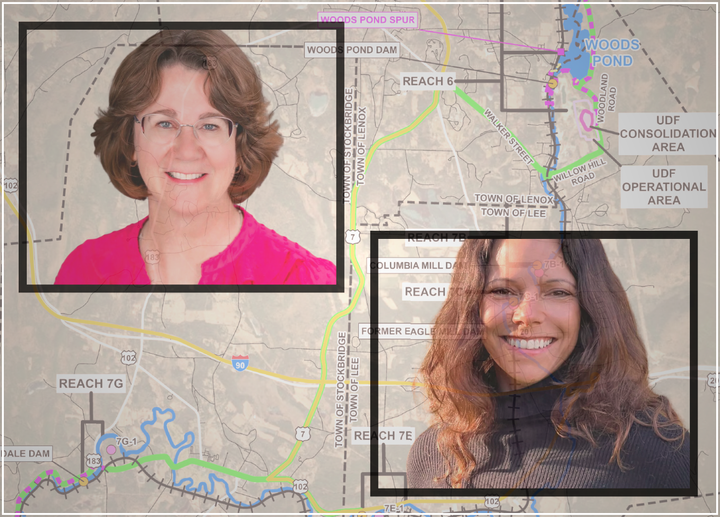 A graphic of the Rest of River map overlayed with photos of Marybeth Mitts and Leigh Davis.